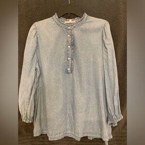 Jane and Delancey Chambray Light Blue Ruffle Blouse with Pearl Snap Buttons